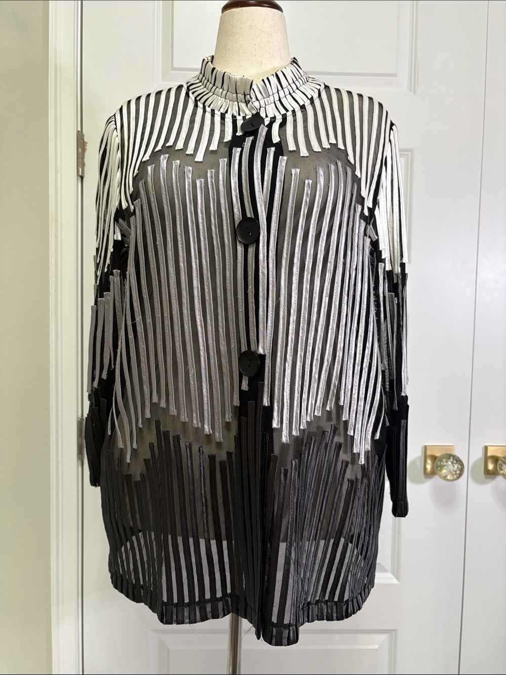 Chico's Black & White Fringe-Striped Button Front Jacket